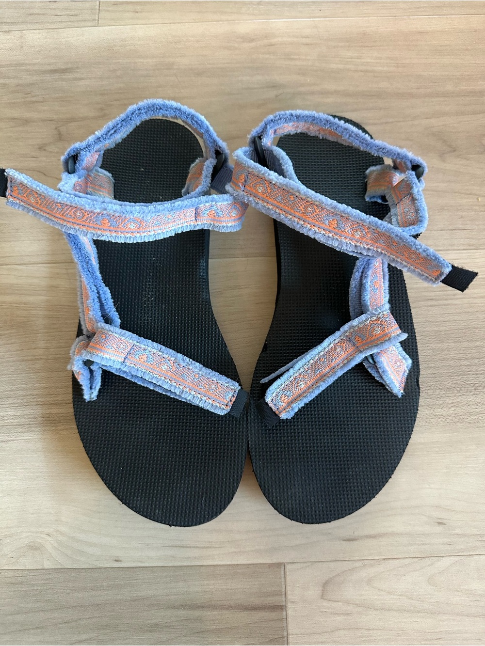 Teva Women's Black Sandals with Light Blue and Peach Straps
